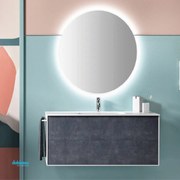 Mobile Bagno Sospeso "Step" Da 120 cm Base Due Cassettoni Bianco/Blup Lavabo In Ceramica Specchio Retroilluminato