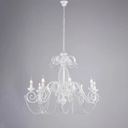 Lampadario Shabby Damasco 8 Luci Ferro Battuto Bianco E Cristalli