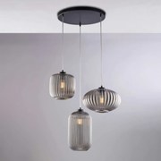 Bonetti Illumina Sospensione in ferro laccato nero e diffusori in vetro soffiato Grigio con decoro rigatura in rilievo 3 luci