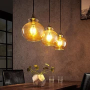 Lampada a sospensione Lindby Tymoni, a 3 luci, ambra, vetro, Ø 20 cm