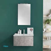 Mobile Bagno Sospeso "Ibiza" Da 70 Cm Base a Un Cassetto Cemento Lavabo Da Incasso In Ceramica Specchio Reversibile C/Led