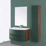 Mobile Bagno Sospeso "Maiori" Da 90 Cm Composto Da Due Cassetti Lavabo E Specchio Finitura Noce Canaletto/Verde Bottiglia