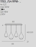 Sosp. cromo 4 luci rettangolare vetri (2 piccoli (1xam+1xbr)+2 medi...