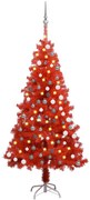 Albero di Natale Preilluminato Sottile con Palline Rosso 150 cm PVC, Albero di Natale Preilluminato con Palline Rosso 150 cm PVC