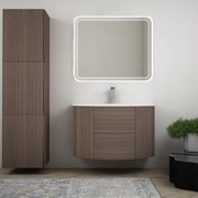 Mobile bagno sospeso 90 cm Rovere scuro design tondo con specchio led e colonna da 170 cm