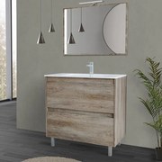 Mobiletto bagno a terra 80 cm 2 cassetti serie Oasi rovere con specchio e lavabo