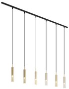 Sistema di illuminazione a binario moderno nero con 6 luci a sospensione oro con vetro ambrato monofase - Slimline Loyce
