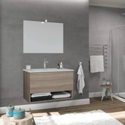 Mobile Bagno Sospeso "Oslo" Da 80 Cm Composto Da Un Cassetto Ed Un Vano a Giorno Lavabo E Specchio Con Lampada Led Finitura Rovere Fumo