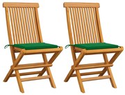 Sedie da giardino con cuscini verdi 2 pz in massello di teak