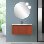 Mobile bagno sospeso 90 cm color terracotta cannettato con cassetto, specchio e lavabo Nara