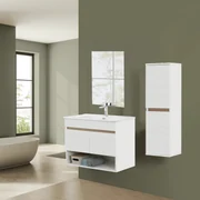 Mobile Bagno Sospeso 80 Cm Due Ante Vano a Giorno Specchio Feridras "Revital" Bianco Frassinato/Rovere