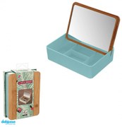 Organizer Porta Cosmetici "Smack"In Plastica Con Coperchio In Bamboo e Specchio Incluso Acqua Marina