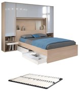 Letto con LED e vani portaoggetti 140 x 190 cm Naturale e Bianco lucido + Rete - VELONA