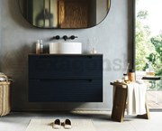 Mobile bagno blu notte 80x45 Mango due cassetti soft close con top noce e lavabo tondo da appoggio in ceramica lucida