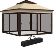Gazebo Regolabile su 3 Livelli con Pareti Rimovibili 3x3m in Acciaio e tessuto Oxford Caffè e Beige...