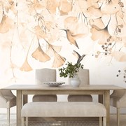 Carta da parati – Foglie con Colibrì in Tonalità Peach Fuzz