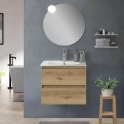 Mobile bagno sospeso 60cm in legno quercia naturale 2 cassettoni con lavabo e specchio Leda