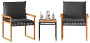 Set Da Bistrò 3 Pz Con Cuscini Nero Polyrattan E Legno Acacia /