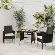 Set da pranzo per giardino 3 pz in polyrattan nero