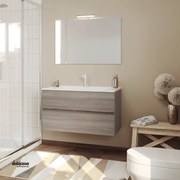 Mobile Bagno Sospeso "Easy" Da 100 Cm Composto Da Due Cassetti Lavabo E Specchio Con Lampada Led Finitura Rovere Fumo