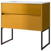 Mobile bagno da terra con lavabo laccato opaco senape con vetro senape 2 cassetti per vasca centrale Niwa