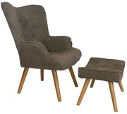 Poltrona e pouf in tessuto con gambe in legno seduta imbottita Marrone