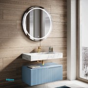 Mobile Bagno Sospeso "Victor" Da 90 Cm C/Lavabo In Hpl Calacatta e Base A Un Cassetto Azzurro Tiffany Specchio C/Led Frontale e Accensione Touch