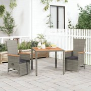 Set da pranzo da giardino 3 pz con cuscini in polyrattan grigio