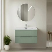 Mobile bagno sospeso 80 cm verde cannettato con lavabo e specchio tondo Zena