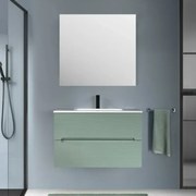 Mobile bagno sospeso 80 verde cannettato 2 cassetti lavabo e specchio Rigo