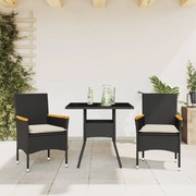 Set da pranzo da giardino 3 pz con cuscini polyrattan e vetro