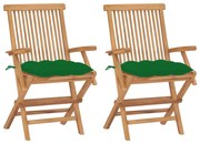 Sedie da giardino con cuscini verdi 2 pz in massello di teak