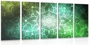 Quadri 5 pezzi – Mandala con sfondo galattico in tonalità di verde
