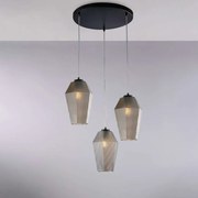 Bonetti Illumina Sospensione in ferro laccato nero e diffusori in vetro soffiato Grigio con decoro in rilievo 3 luci