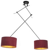 Lampada a sospensione nera con paralumi in velluto rosso e oro 35 cm 2 luci - Blitz