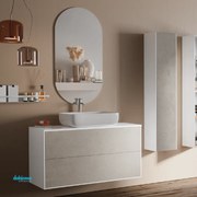 Mobile Bagno Sospeso "Step" Da 100 Cm Base a Due Cassetti Bianco/Pietra Avana C/Lavabo D'Appoggio In Ceramica e Specchio Reversibile