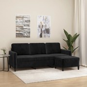 Divano A 3 Posti Con Poggiapiedi Nero 180 Cm İn Velluto /