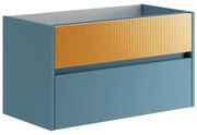 Mobile da bagno sotto lavabo Niwa blu pacifico frontale in vetro senape laccato opaco L 89.5 x H 50 x P 45.5 cm 2 cassetti, lavabo non incluso