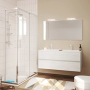 Mobile Bagno Sospeso "Easy" Da 120 Cm Composto Da Un Cassetto Lavabo C/Doppia Vasca E Specchio Con Due Lampade Led Finitura Rovere Bianco