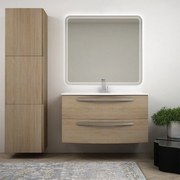 Mobile bagno Rovere tabacco 100 cm sospeso bombato modello Berlino con specchio led e colonna da 170 cm