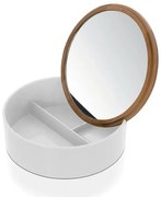 Porta trucchi da bagno tondo in plastica bianca e bamboo completo di specchio
