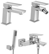 Set miscelatori lavabo bidet e vasca con kit doccia cromati serie Kubo scarico incluso