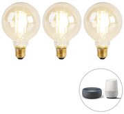 Set di 3 lampade LED intelligenti E27 dimmerabili e calde G95 goldline 7W 806 lm 1800K - 3000K