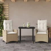Set da pranzo da giardino 3 pz con cuscini beige in polyrattan