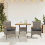 Set pranzo da giardino 3pz con cuscini polyrattan acacia grigio