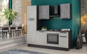 Cucina montata Dora bianco e grigio chiaro, lavello a destra , L 225 cm, completa di: cappa a camino, piano cottura a gas, forno e frigorifero