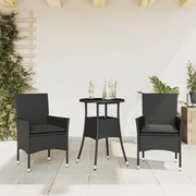 Set da pranzo da giardino 3 pz con cuscini polyrattan e vetro