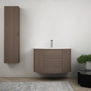 Mobile bagno sospeso 90 cm Rovere scuro design tondo con colonna da 140 cm