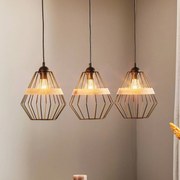 Eko-Light Lampada sospesa Cliff, 3 paralumi gabbia con legno