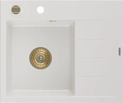 Mexen Ben lavello in granito 1-vasca con sgocciolatoio, sinistro 600 x 500 mm, bianco, sifone dorato - 6522605000-20-G